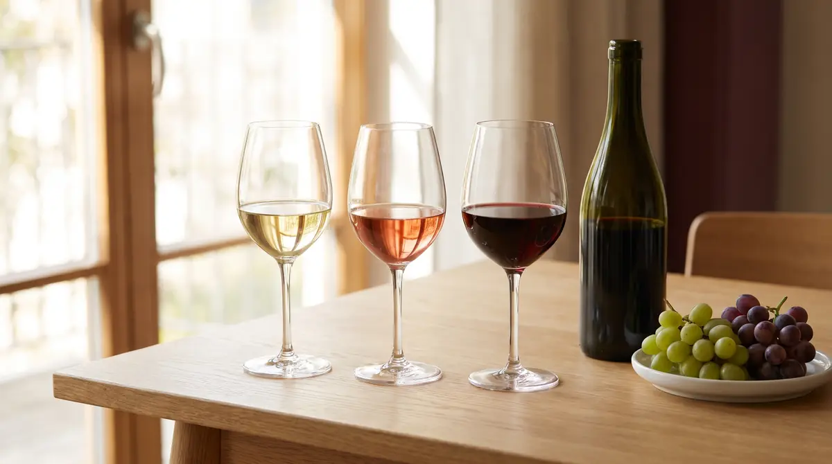 Trois verres de vin, blanc, rosé et rouge, sur une table en bois près d'une fenêtre, avec une bouteille et une coupelle de raisins