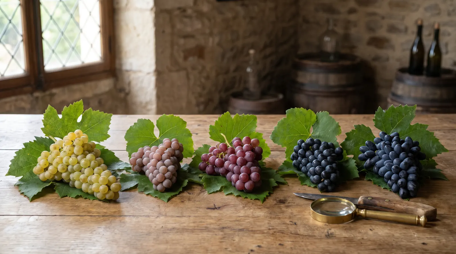 Cinq grappes de raisin de cépages différents, de la baie blanche à la baie noire, chacune posée sur sa feuille de vigne, sur une table en chêne