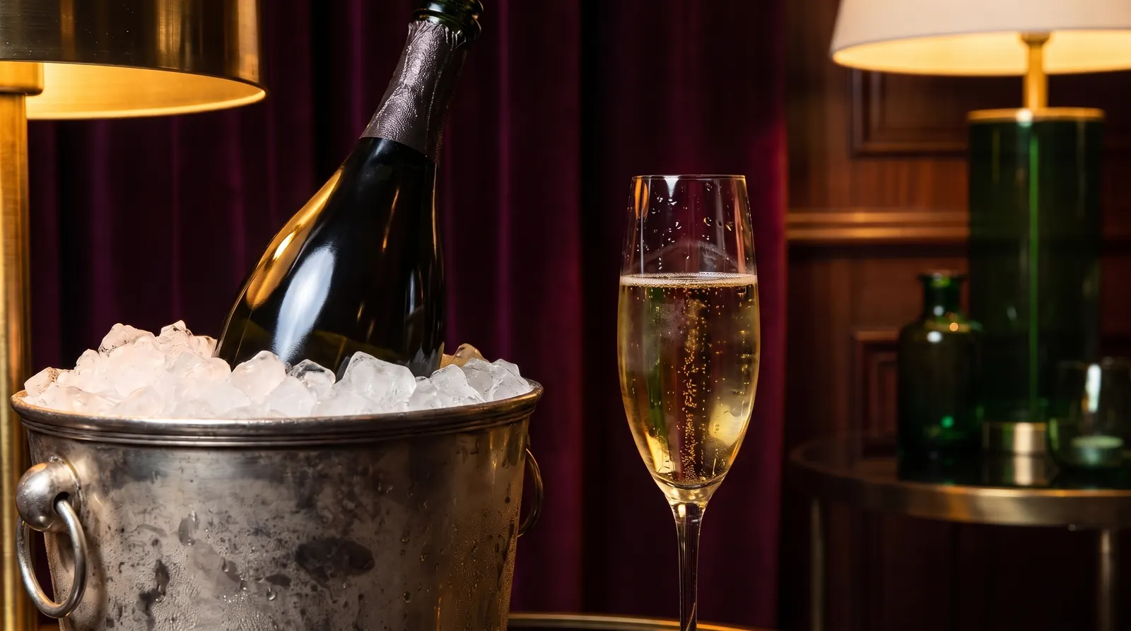 Bouteille de champagne dans un seau rempli de glace, à côté d’une flûte aux bulles fines, dans un salon feutré
