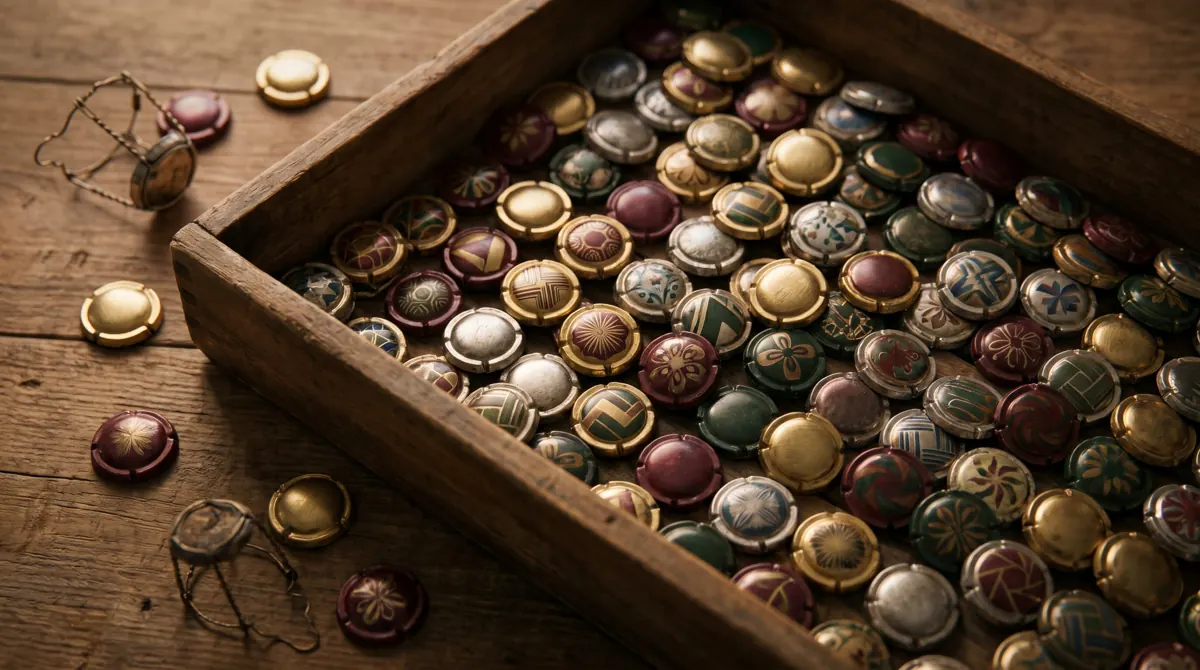 Plateau en bois rempli de capsules de champagne colorées, quelques capsules et muselets posés à côté