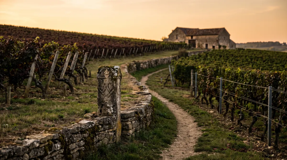 Deux vignobles voisins séparés par un chemin et une borne en pierre
