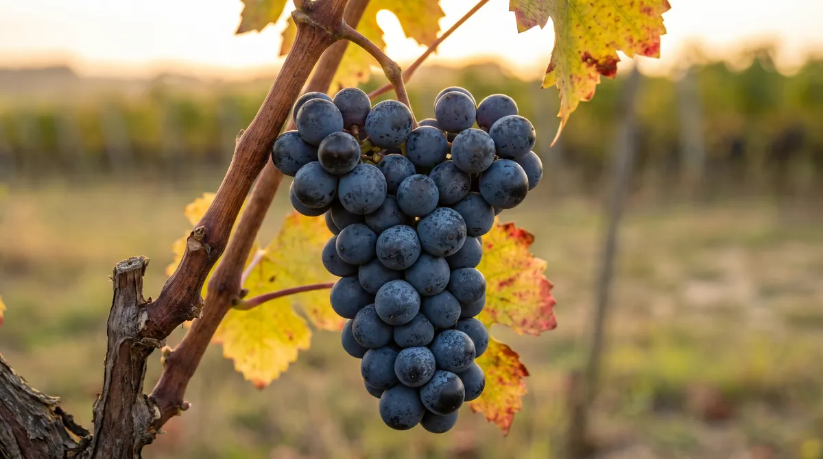 Grappe de raisin noir sur la vigne, grains couverts de pruine, rafle visible