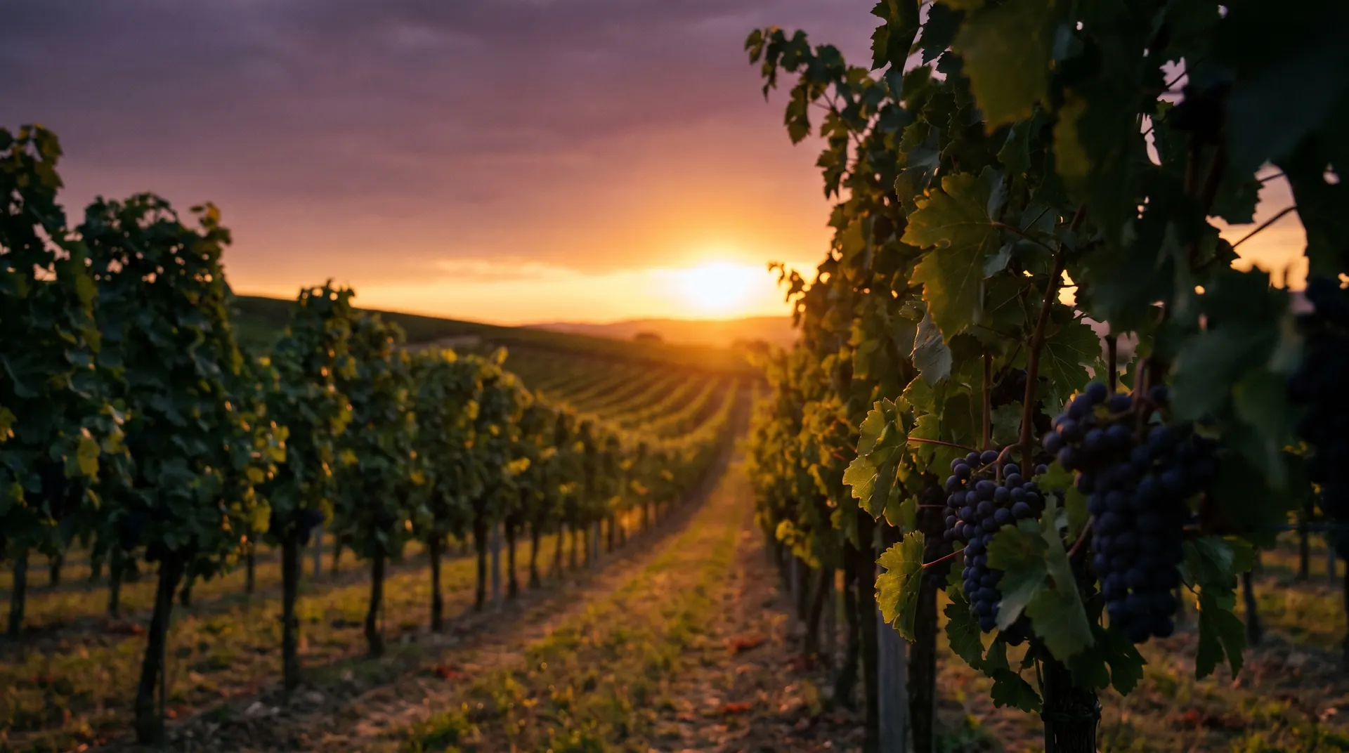 Rangs de vigne au soleil couchant