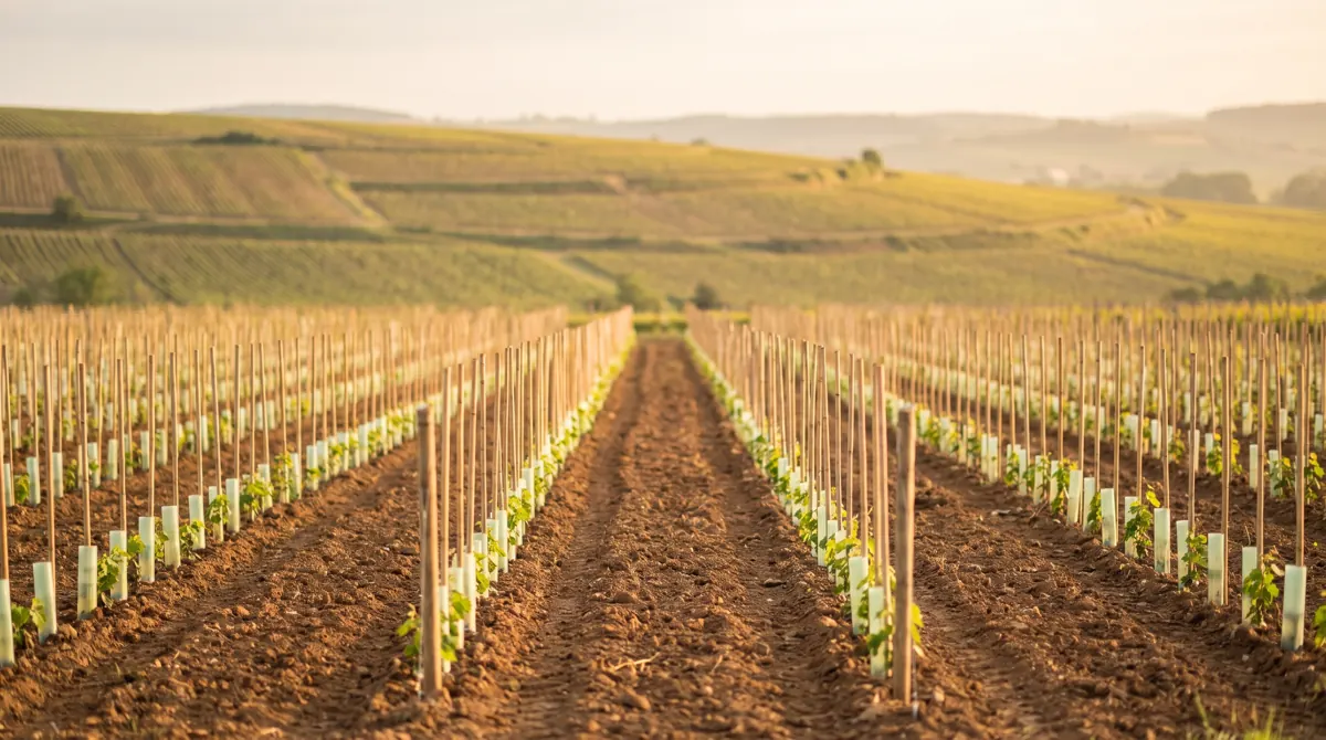 Rangs de jeunes plants de vigne avec tuteurs et manchons de protection sur un sol fraîchement travaillé, coteaux de vignes en arrière-plan