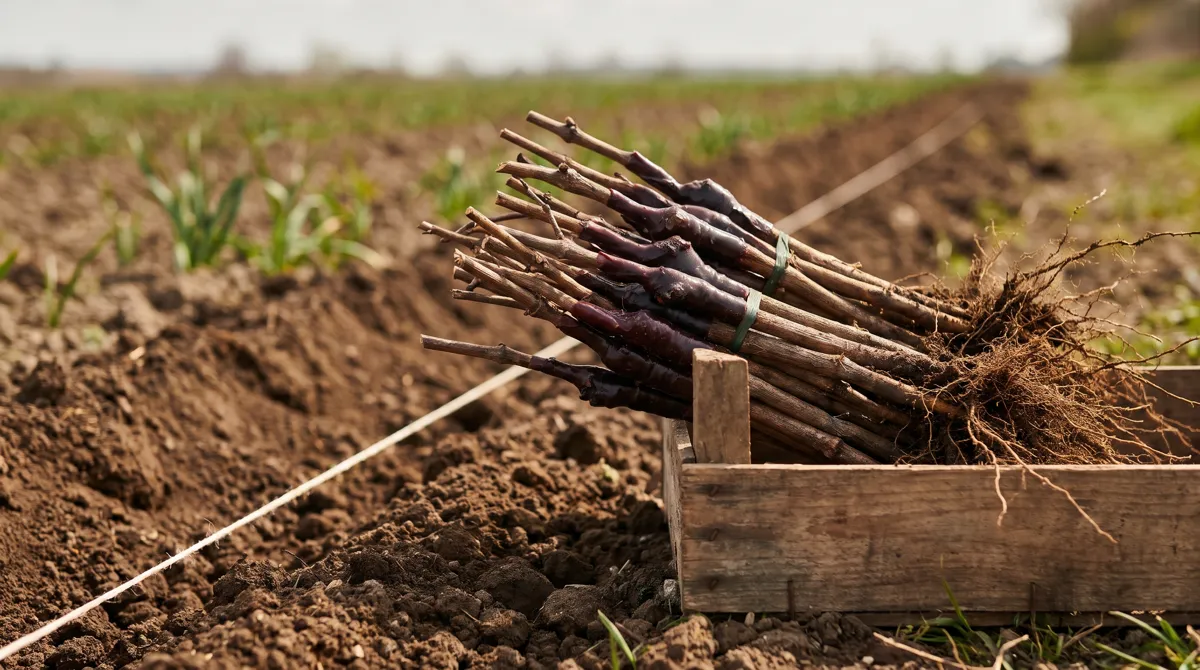 Bottes de plants de vigne greffés dans une caisse au bord d'un champ labouré