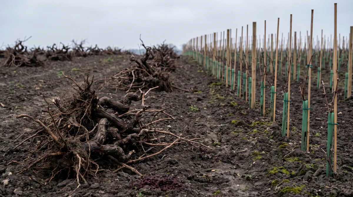 Vieux pieds de vigne arrachés à côté d'une jeune vigne fraîchement plantée