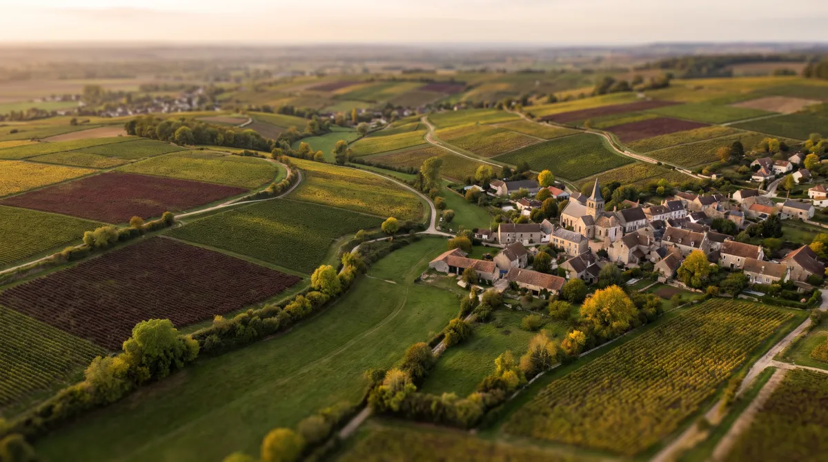 Vue aérienne d'un vignoble français découpé en parcelles autour d'un village