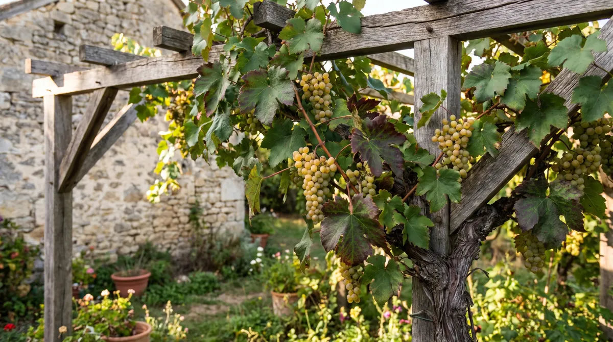 Vieille vigne grimpant sur une pergola en bois devant une ferme en pierre, grappes de raisin blanc doré à la fin de l’été