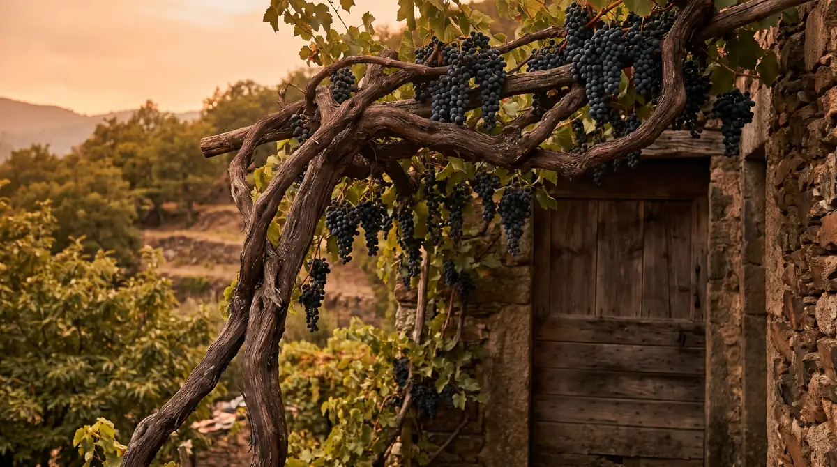Vieille vigne conduite en treille au-dessus de la porte d’une maison en pierre sèche, grappes de raisin noir à la fin de l’été