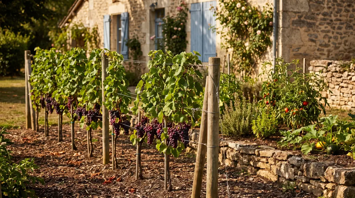 Une dizaine de pieds de vigne palissés sur fils et piquets dans un jardin familial, avec grappes de raisin noir, à côté du potager et d'une maison en pierre