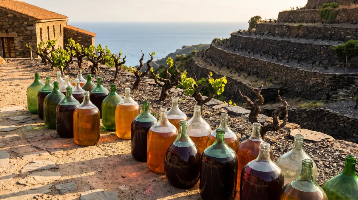 Bonbonnes de verre remplies de vin doux naturel ambré et grenat, au soleil sur une terrasse au-dessus des vignes en terrasses de schiste et de la Méditerranée