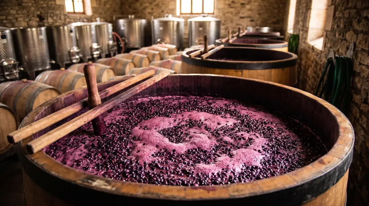 Cuve ouverte de vin rouge en fermentation, chapeau de marc violet en surface et outil de pigeage, dans un chai